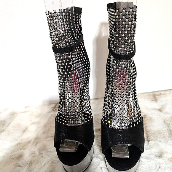 Golden Bulls Black Mesh Rhinestone Clear 6" Platform High Heels - Picture 3 of 10